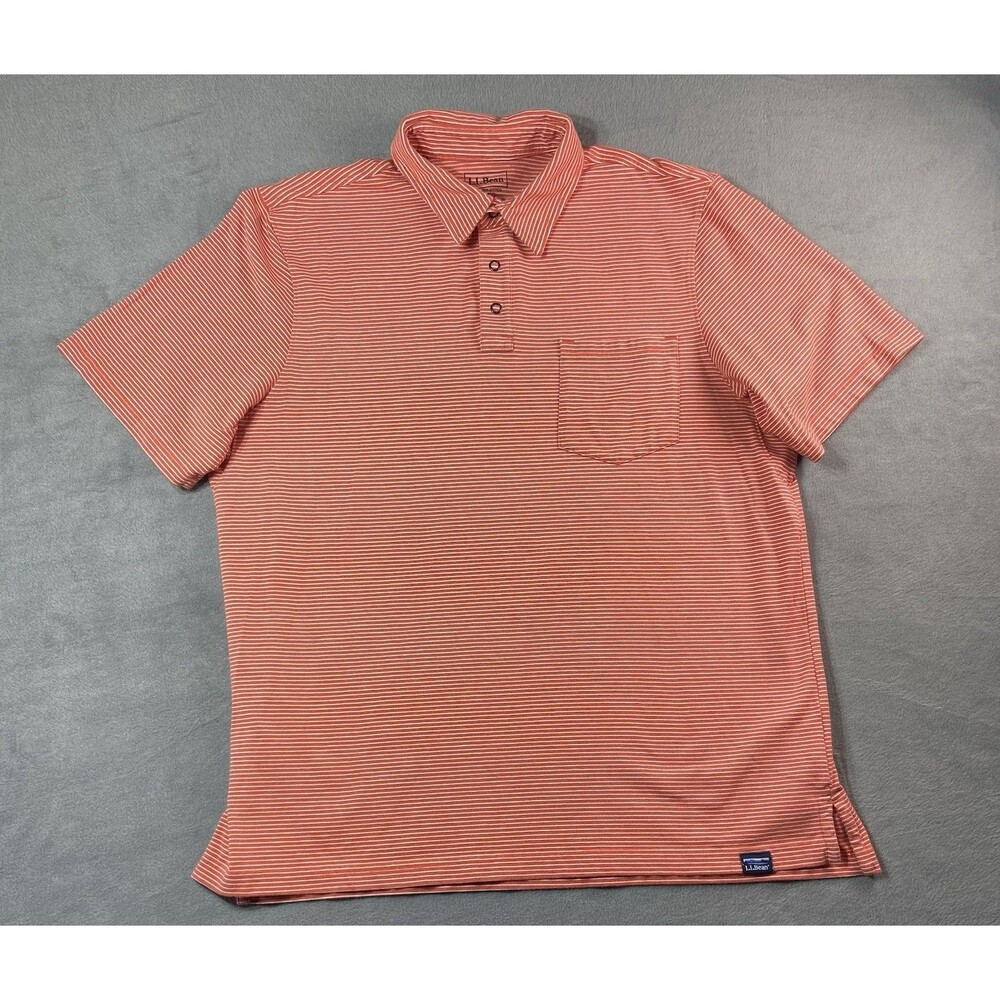 L.L. Bean Men’s Large Orange Striped Polo Shirt Short Sleeve Pima Cotton CoolMax